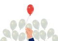 Hand picking red balloon from white balloons, business concept of planning ,choosing the right target and resource