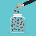 Hand picking up doodle red hearts in glass jar icon