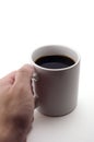 Hand picking up mug of coffee Royalty Free Stock Photo