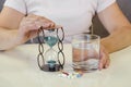 Hand with pill, water and glass of water