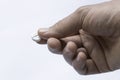 Hand with bitcoin silver concept payment digital money coin Royalty Free Stock Photo