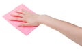 Hand with pink cleaning rag isolated on white Royalty Free Stock Photo