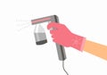 Hand in a pink glove holds a gray spray tan machine. Vector illustration of tanning procedure