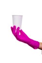 Hand pink medical glove isolated white background paper cup clean