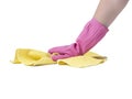 Hand with pink rubber cleaning gloves on white background