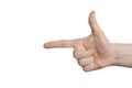 Hand pistol gesture on isolated white background. Index finger shows direction