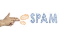 Hand pistol shooting spam. Concept of annoying email spam. Royalty Free Stock Photo