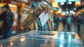 Hand placing ballot into voting box at polling station. Person voting. Voter. Concept of democracy, election, political Royalty Free Stock Photo