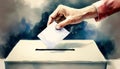 A hand placing a blank ballot into a voting box. Generative AI