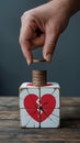 Hand Placing Coin on Block with Broken Heart Design Royalty Free Stock Photo
