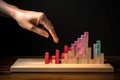 hand placing colored blocks to form an upward-trending bar chart on a desk