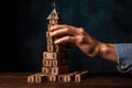 a hand placing the final piece on a wooden block tower