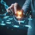 Hand Placing Glowing Lightbulb on Digital Interface with Data Analytics Royalty Free Stock Photo