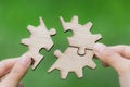 Hand placing the last jigsaw puzzle piece,conceptual of problem Royalty Free Stock Photo