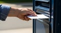 Hand placing a letter into a blue mailbox Royalty Free Stock Photo