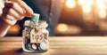 Hand Placing Money into Glass Tip Jar at Restaurant Royalty Free Stock Photo