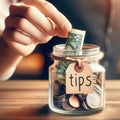Hand Placing Money into Glass Tip Jar at Restaurant Royalty Free Stock Photo