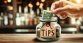 Hand Placing Money into Glass Tip Jar at Restaurant Royalty Free Stock Photo