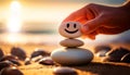 Hand Placing a Pebble with Smiling Face on Top of a Stack of Pebbles - Generative Ai Royalty Free Stock Photo