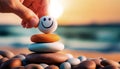 Hand Placing a Pebble with Smiling Face on Top of a Stack of Pebbles - Generative Ai Royalty Free Stock Photo