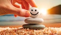 Hand Placing a Pebble with Smiling Face on Top of a Stack of Pebbles - Generative Ai Royalty Free Stock Photo