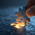 A Hand Placing a Puzzle Piece into a Dark Surface with a Glowing Opening Highlighting the Connection in Problem Solving Royalty Free Stock Photo