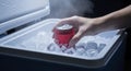Hand Placing Red Can in Cooler with Ice Royalty Free Stock Photo