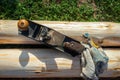 The hand plane and gloves lie on damp pine logs outside. Processing of logs, cleansing from bark are processes for the production