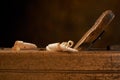 Hand plane on a wooden workbench.