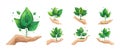 Hand with plant cartoon style eco concept vector set. Growing young green leafs tree, ecological clean power energy Royalty Free Stock Photo