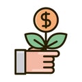 Hand with plant money business financial investing line and fill icon