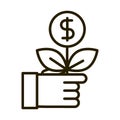 Hand with plant money business financial investing line style icon