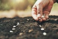 hand planting pumpkin seed in the vegetable garden and light warm. agriculture Royalty Free Stock Photo