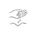 Hand planting seeds hand drawn sketch icon.