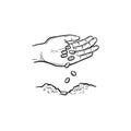 Hand planting seeds hand drawn sketch icon.