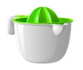 Hand plastic citrus juicer with green lid and white bowl Royalty Free Stock Photo