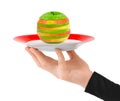 Hand with plate and chopped apple