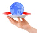 Hand with plate and globe
