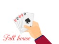 Hand with playing cards. Full House Tens and Kings. Vector