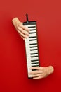 Hand playing a melodic, vertical keyboard against a red background. Poster for a music festival focusing on eclectic and