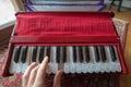 Hand Playing Travel Harmonium Indian Instrument Royalty Free Stock Photo