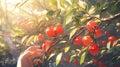 hand plucking a ripe plum from a tree, capturing the fruit against a backdrop of leaves manga cartoon style by AI generated