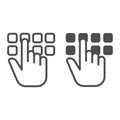 Hand pointer with buttons line and solid icon, hacker attacks concept. Vector graphics. Pin code button push and hand Royalty Free Stock Photo
