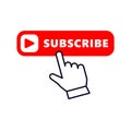 Hand pointer or cursor mouse clicking on red subscribe button linear icon. symbol in form of choosing hand