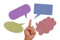 Hand pointing on color paper texture speech balloo Royalty Free Stock Photo