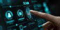 hand is pointing at digital screen with glowing fingerprint scan interface