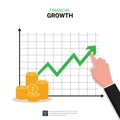 Hand pointing finger to green arrow concept. Financial growth and profit increase symbol vector illustration Royalty Free Stock Photo