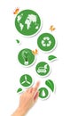 Hand pointing green ecological icons