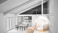 Hand pointing interior design project, home project detail, deciding on rooms furnishing or remodeling concept, open space mezzani Royalty Free Stock Photo