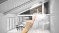 Hand pointing interior design project, home project detail, deciding on rooms furnishing or remodeling concept, open space mezzani Royalty Free Stock Photo